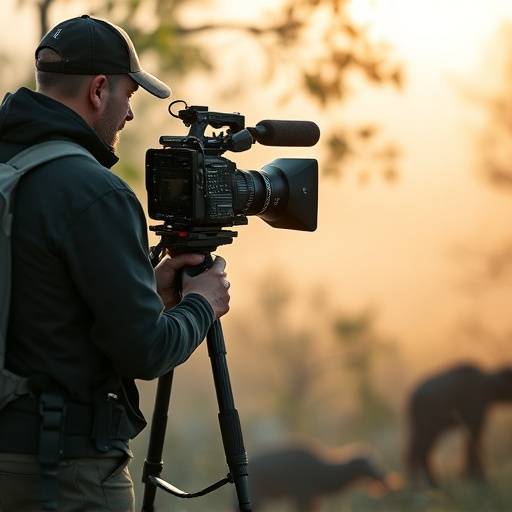 A film crew capturing footage of wildlife for a documentary project in a natural setting.