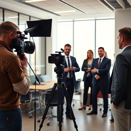 Actors and crew on set, filming a corporate training video in a modern office.