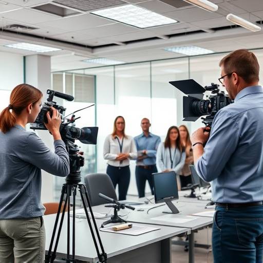 Behind-the-scenes shot of a corporate video shoot with actors and a film crew in an office setting.