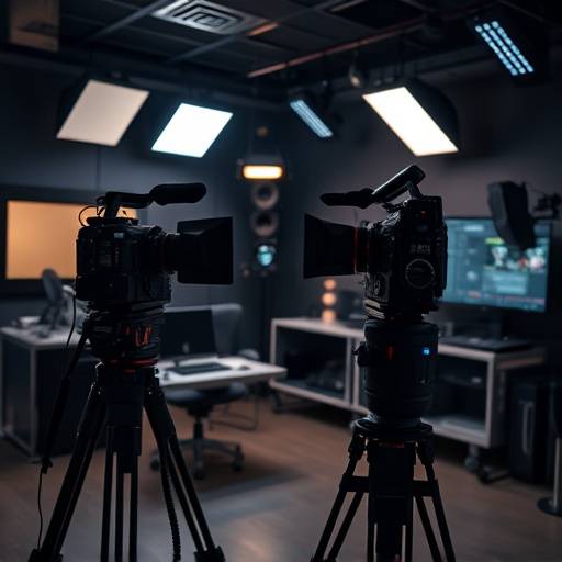 Post-production editing suite with professional equipment.