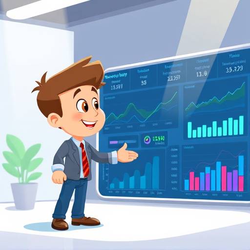 Screenshot of an animated explainer video, showcasing a character interacting with data visualizations.
