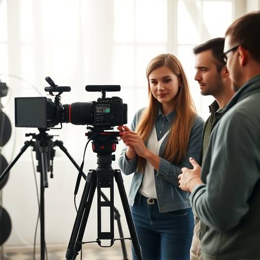 Video marketing shoot with a model and crew.